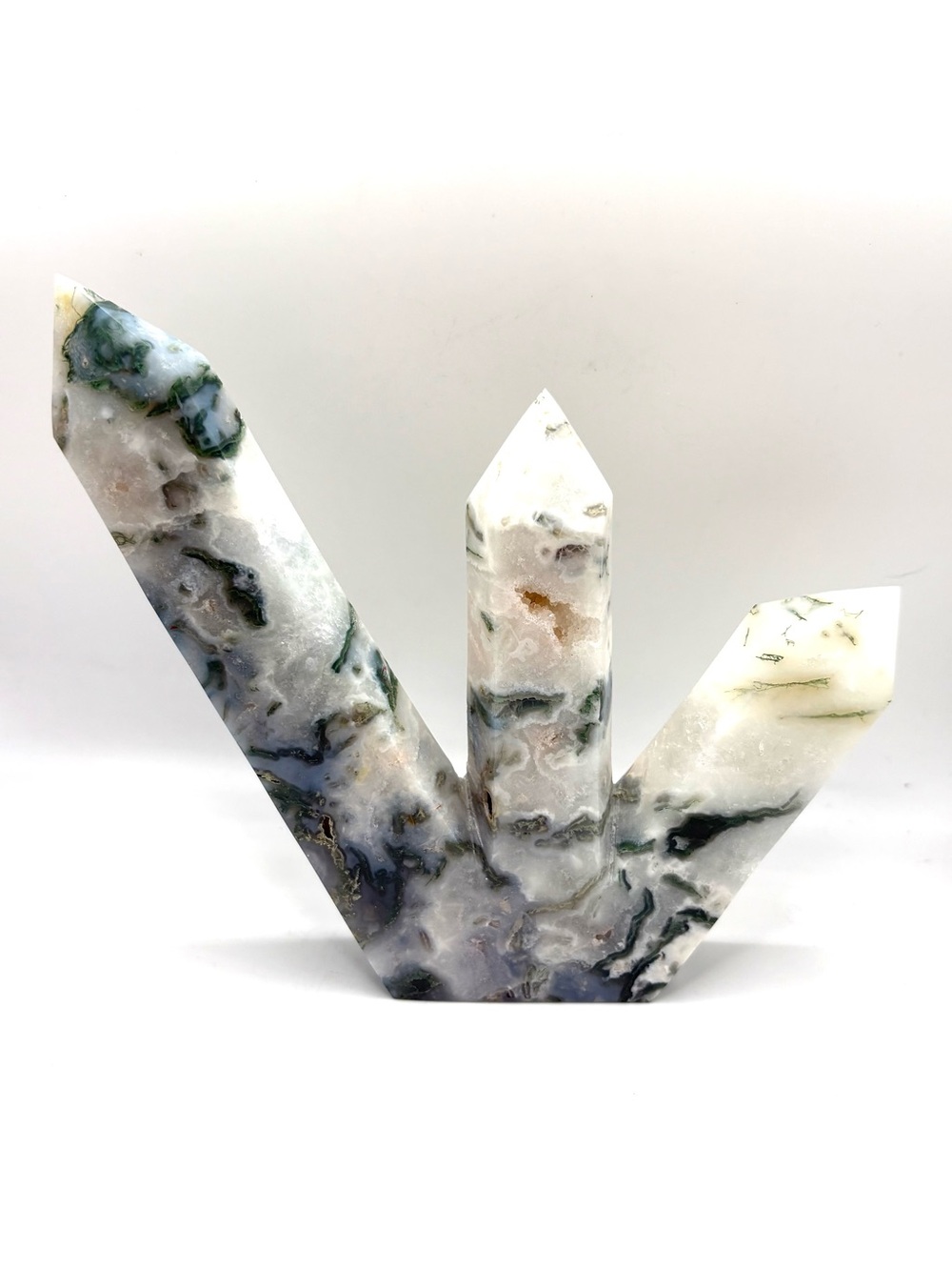 Moss Agate Crystal Trident (triple pointed) Tower